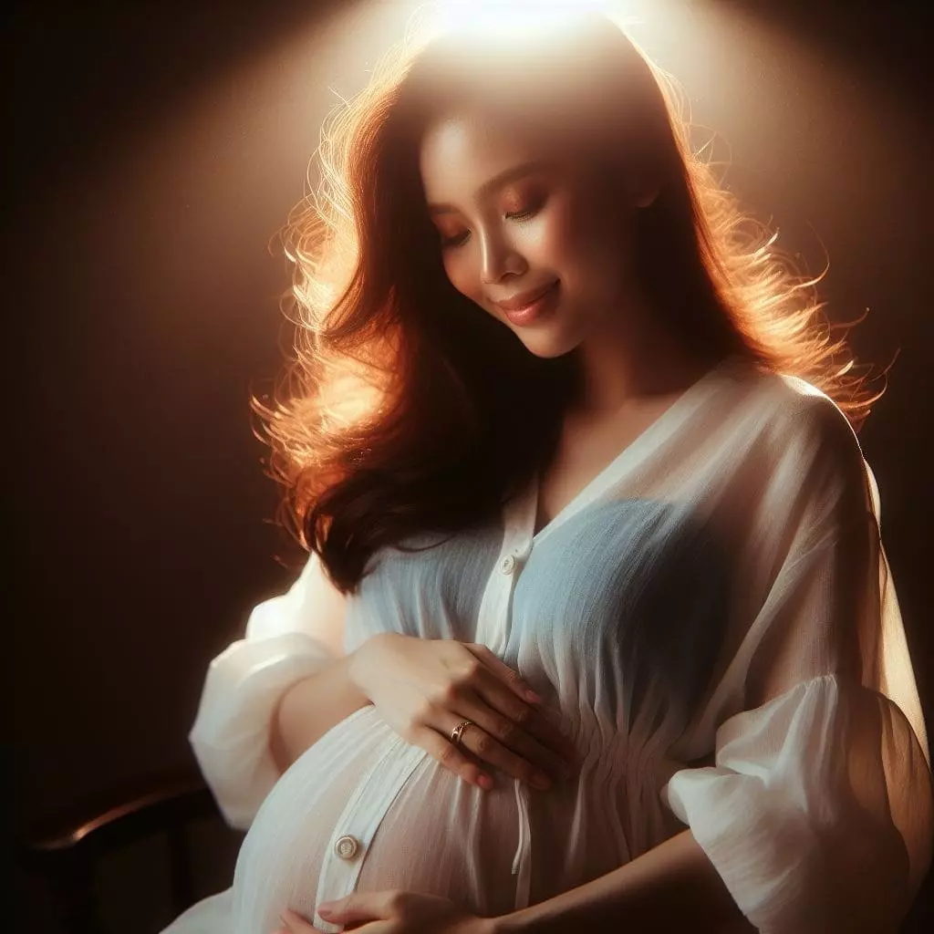 Mulher asiática grávida sob um foco